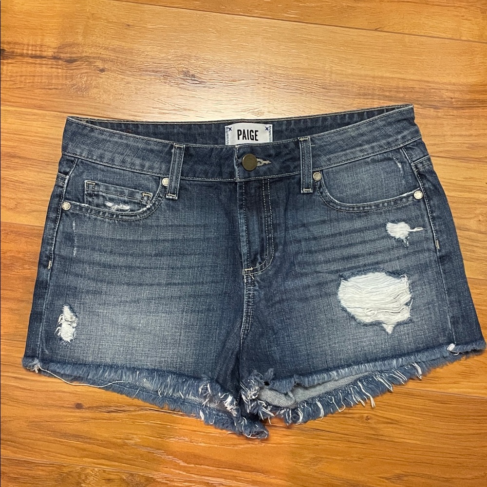PAIGE Women's Frayed Hem Jean Shorts - Dark Blue